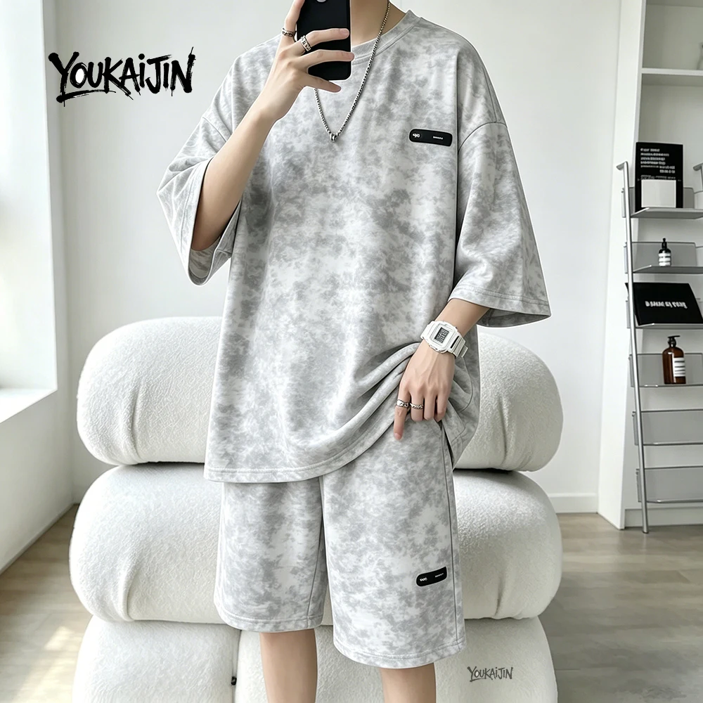 7XL 8XL Tie Dye T Shirt and Shorts Set Men White Casual Streetwear Co Ord Set Men Summer Loose Sportswear 2 Piece Outfit Men
