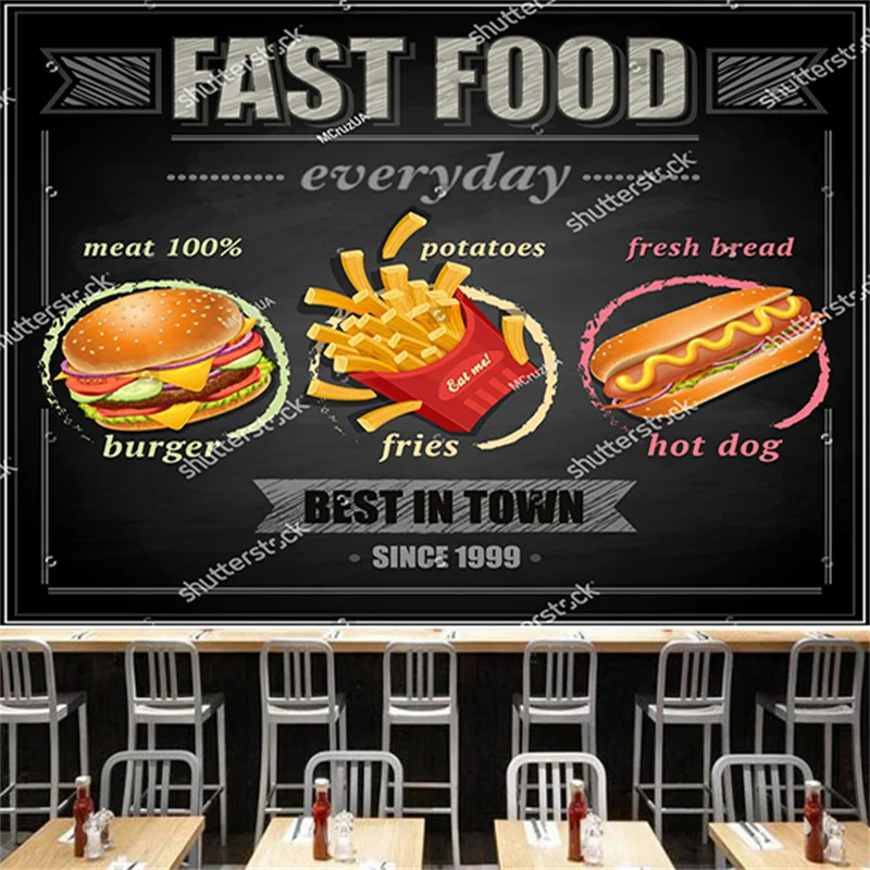 

Chalkboard Fast Food Burger Hot Dog Fries Wallpaper Industrial Decoration Mural Snack Bar Restaurant Background Wall Papel Tapiz