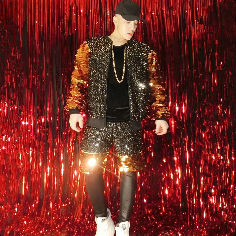 

Tide Male Bar Singer DJ DS Costume Set Musical Vocal Concert Performance Clothes Gold Red Sequins Hip Hop Rock Dancer Stage Suit