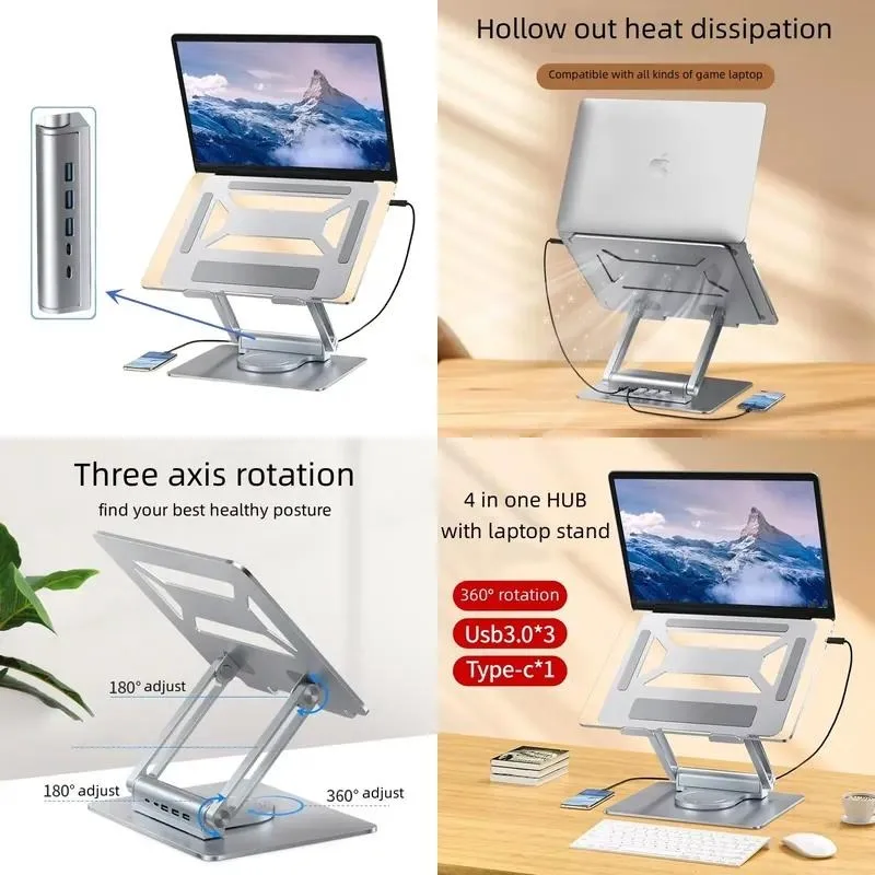 360-Degree Rotating Aluminum Alloy Laptop Stand with 5 Ports USB 3.0 Hub Expandable Silicon Surface Adjustable Tablet Stand
