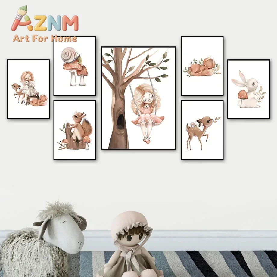 AZNM Frameless Canvas Wall Art Watercolor Forest Girl Squirrel Deer Rabbit Mushroom Print Cute Woodland Animal Nursery Kids Room