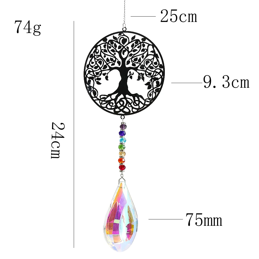 Energy Reiki Heart Tree of Life Metal Pendant Rainbow Beads AB Color Dragon Eye Crystal Dangle Streamer Suncatcher Hanging Decor