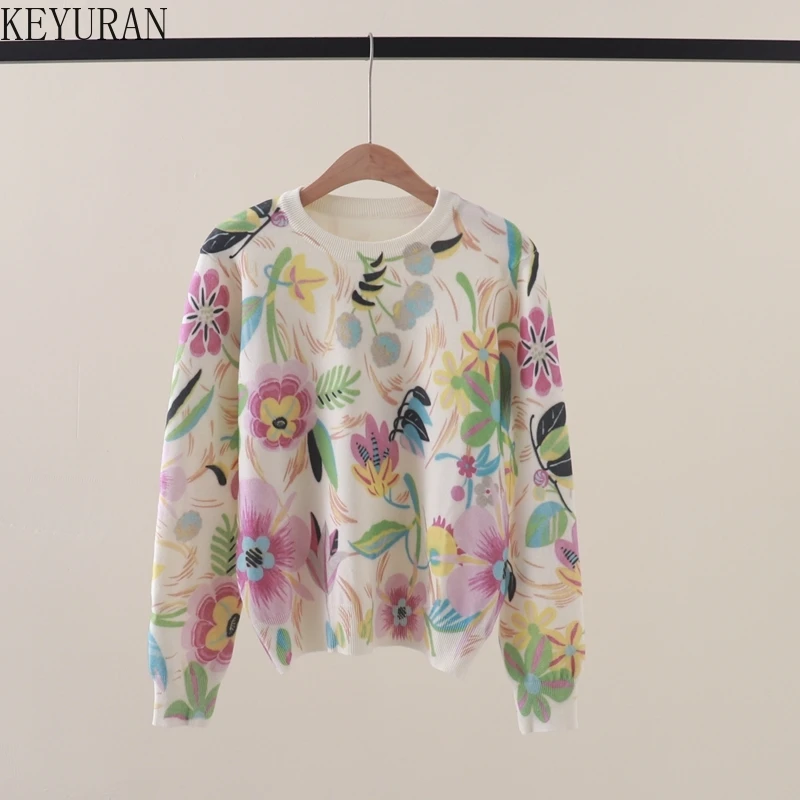 2024 Autumn Winter New Floral Printed Sweater Women Vintage O-Neck Long Sleeve Knitted Pullover Sweaters Jumpers Tops Pull Femme