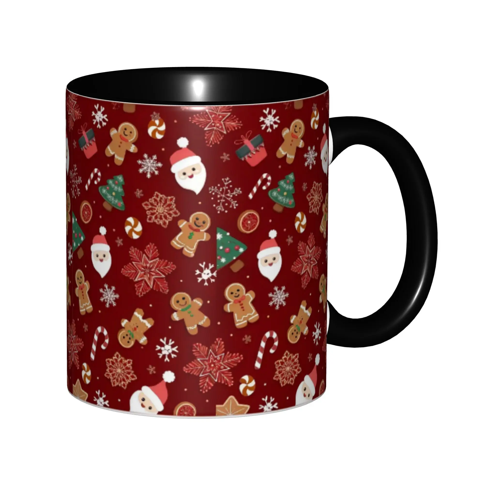 1pc Dark Red Christmas Santa Gingerbread Ceramic Mug Festive Candy Cane Snowflake Tree All Over Print Design Hot Drink Cup Drinkware Mug Cup Dishwasher Safe Gift for Friend Family Christmas New Year Winter