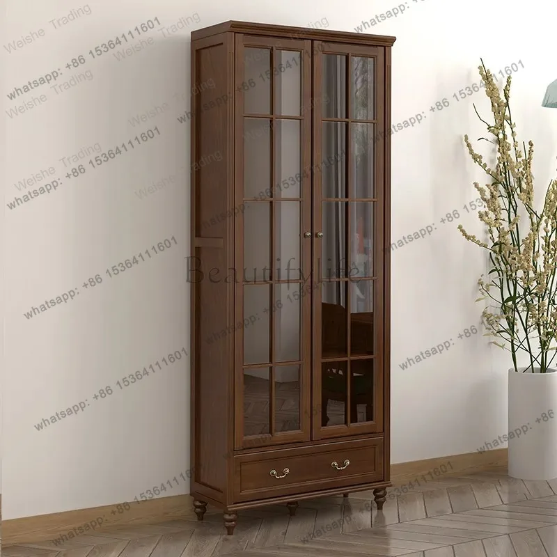 LJY Pure solid wood American vertical cabinet bookcase with glass door home storage cabinet shelf wall-by-wall living room displ