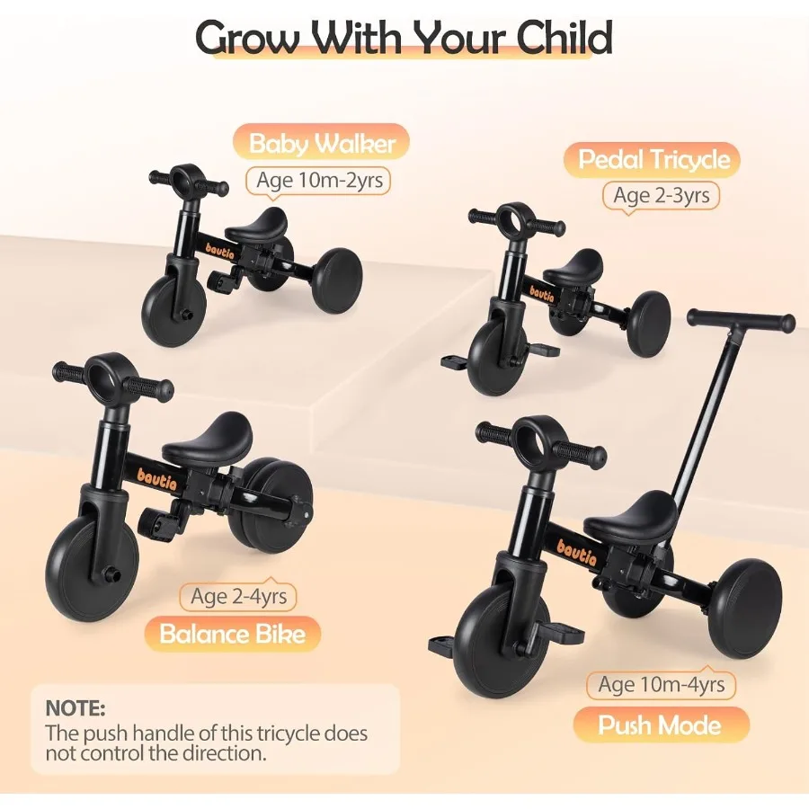Tricycle for Toddlers 1-3 with Push Handle 5 in 1 Baby Balance Bike for 1-4 Years Old Toy Boys Girls Bicycle Gift with Removabl