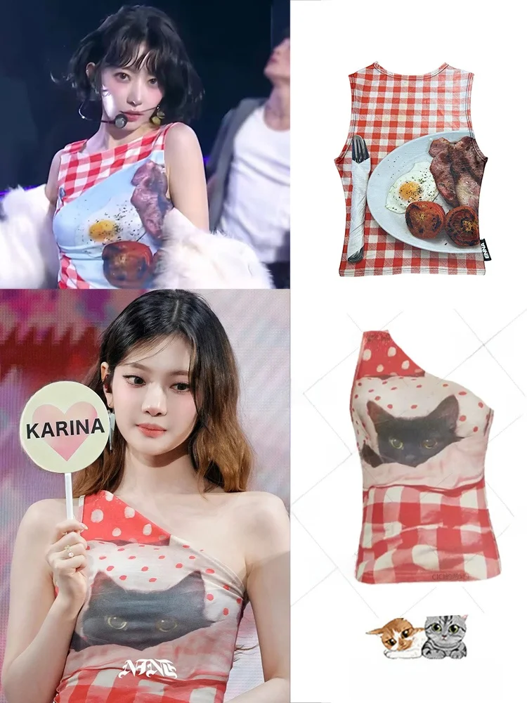 

Ning Art Kong Xiaoli Cute Fun Print Top Retro Plaid Slim Fit Sleeveless Strap Vest Women's Ethnic Costume Stage Costume