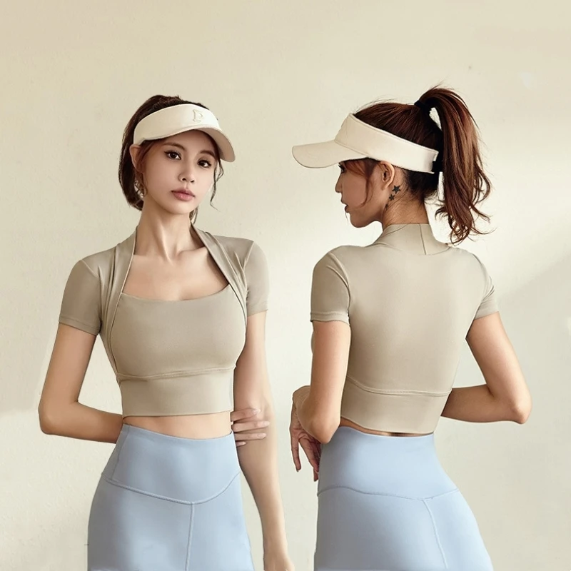 High elastic nude shawl yoga wear women's quick-drying all-in-one bra yoga short sleeve outdoor sports fitness clothes image 3