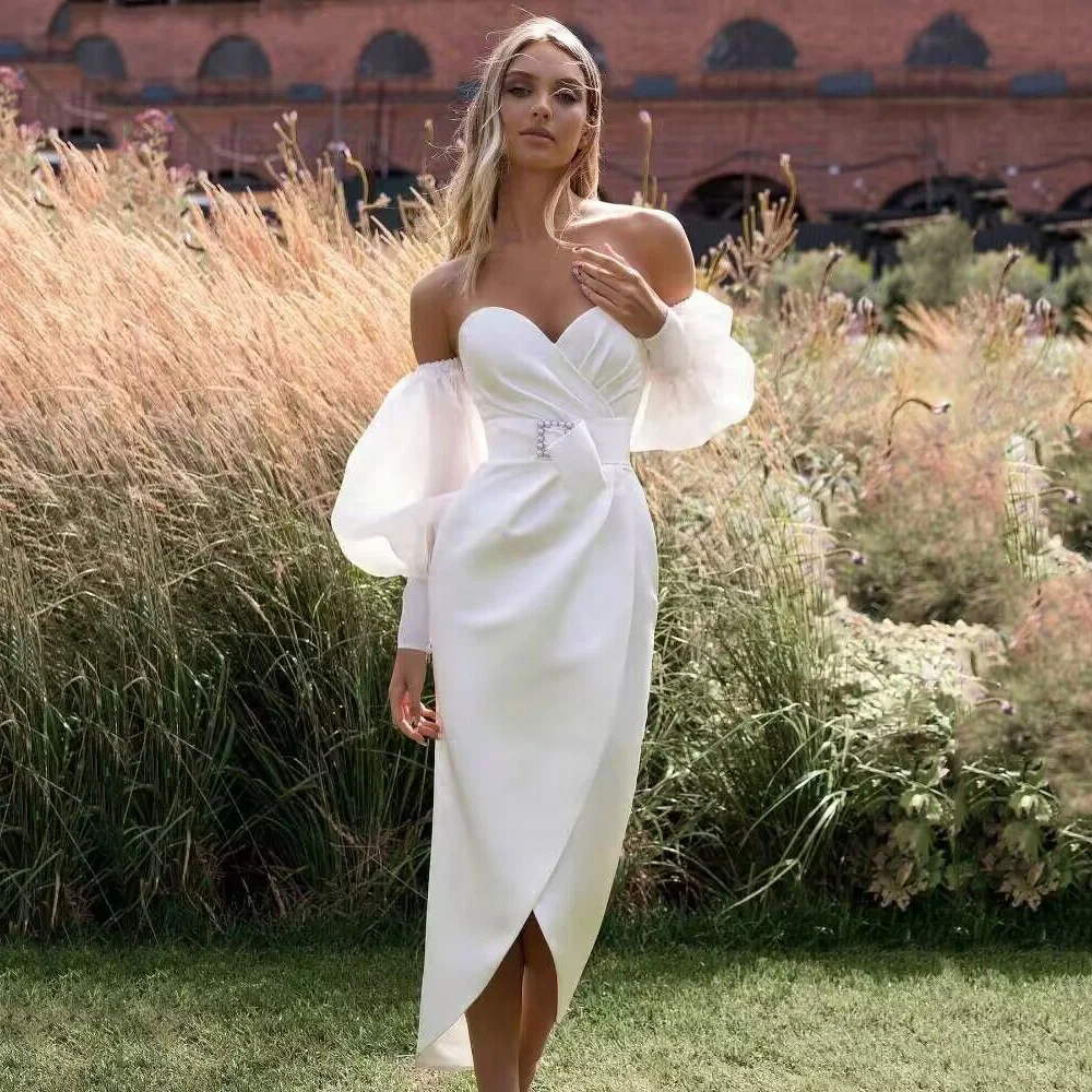 

Elegant Short Sheath Wedding Dresses 2024 Cheap Bride Dress Puff Long Sleeve Satin Wedding Gowns Tea Length Belt Sweetheart