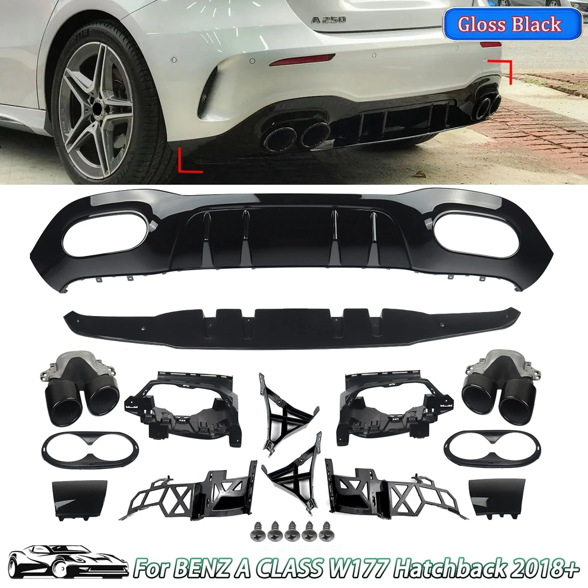 Achterbumper Diffuser spoiler Lip met Uitlaat Tips voor Mercedes Benz EEN W177 A160 A180 A200 A220 A250 Hatchback A45 Look 2019 + - afbeelding 2