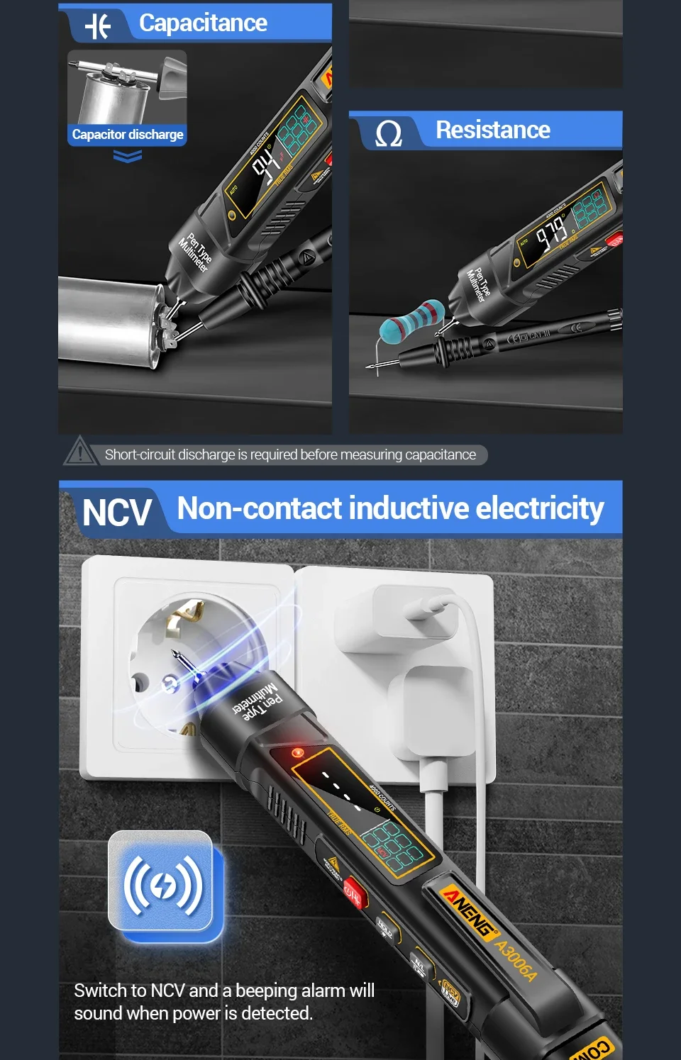 ANENG Digital-Multimeter-Teststift, 4000 Zählungen, AC/DC-Spannung, A3006A, berührungsloser induktiver Strom, Hz-Dioden-Widerstandstester – Detail 9