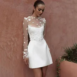 Mini vestido de noiva em cetim com botões, vestido de casamento sem costas, cetim, manga comprida, flor 3D, sexy, clássico, branco, 2024