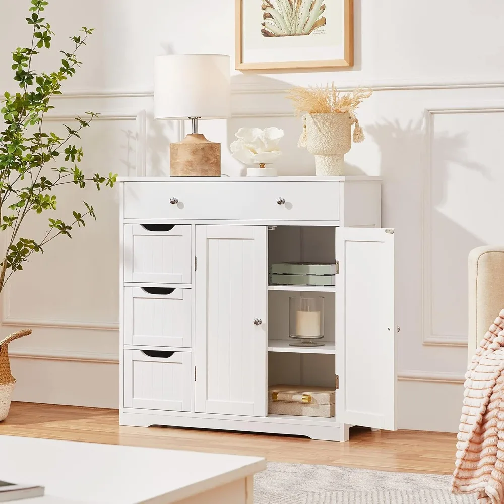 خزانة أرضية حمام خشبية كبيرة مع مساحة تخزين كبيرة: 1 درج كبير، 3 أدراج صغيرة، وبابين