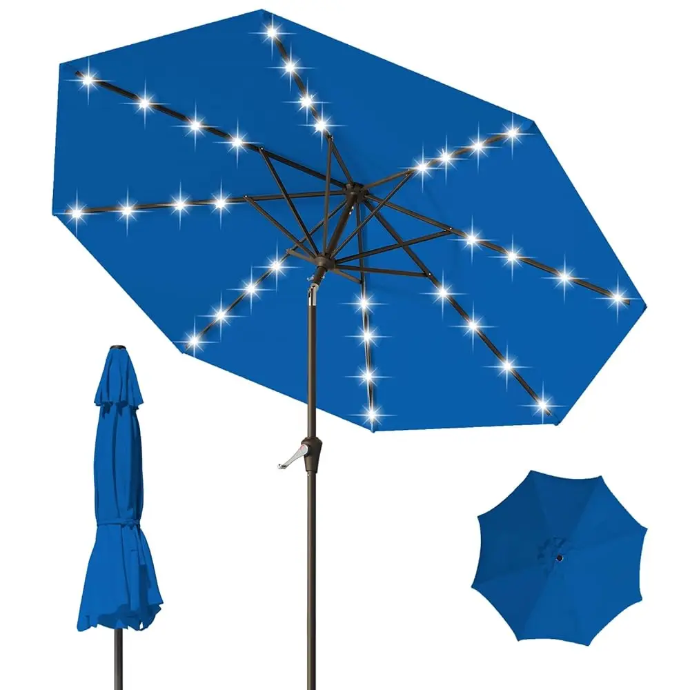 

9Ft Patio Umbrella With Solar Lights,Outdoor Market Umbrella With Tilt And Crank, Led Lighted Table Umbrella For