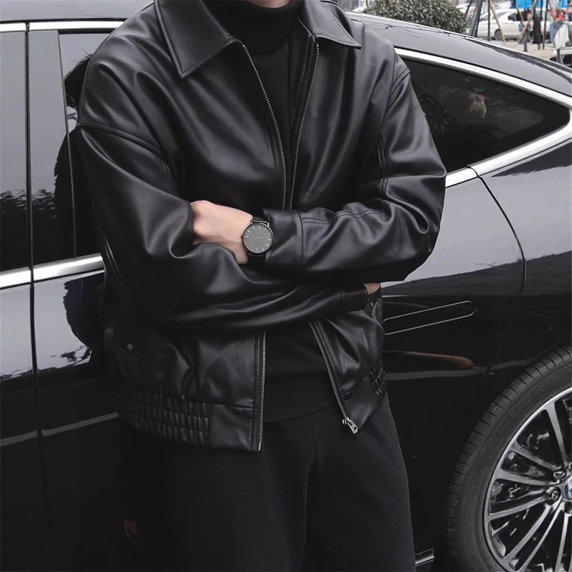 

Men's Leather Black Workwear Motorcycle Jacket Punk Turn Down Collar Zipper Coat Streetwear