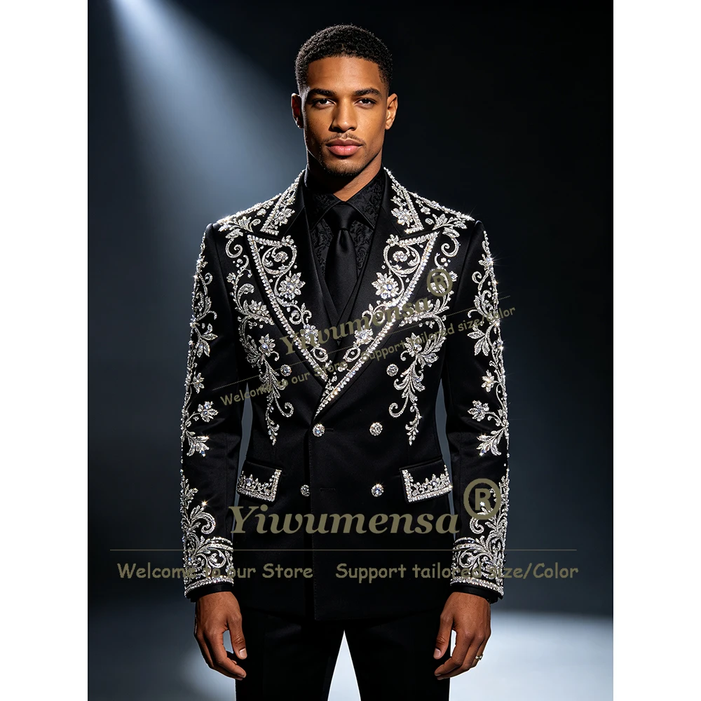 Man Luxury Tuxedo Suit 2 Piece Sets Sparkly Crystals Beaded Jacket Pants Plus Size Groom Formal Wear Wedding Attore Male Clothes