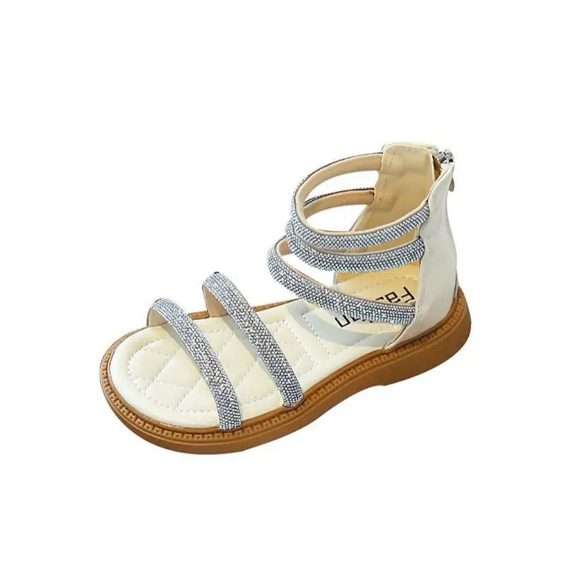 2023 Summer New Kids Sandals Girls Princess Rhinestone Sandals Soft Children Beach Shoes Fashion Roman Sandals Size 26-37 G977