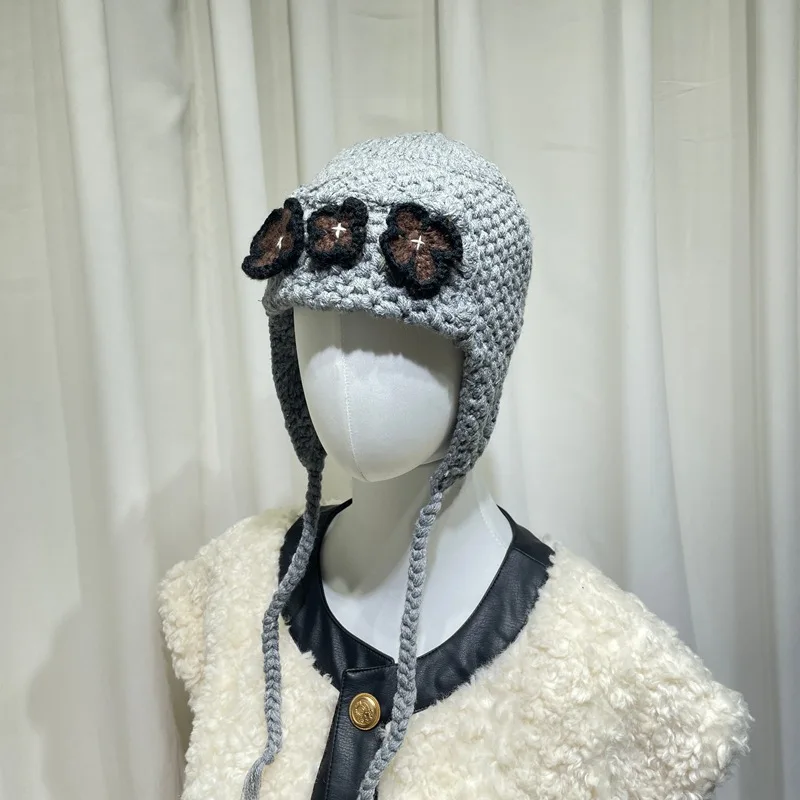 

Vintage Floral Knit Beanie Women Warm Winter Crochet Hat Korean INS Aesthetic Earflap Cap Retro Streetwear Outdoor Ski Travel