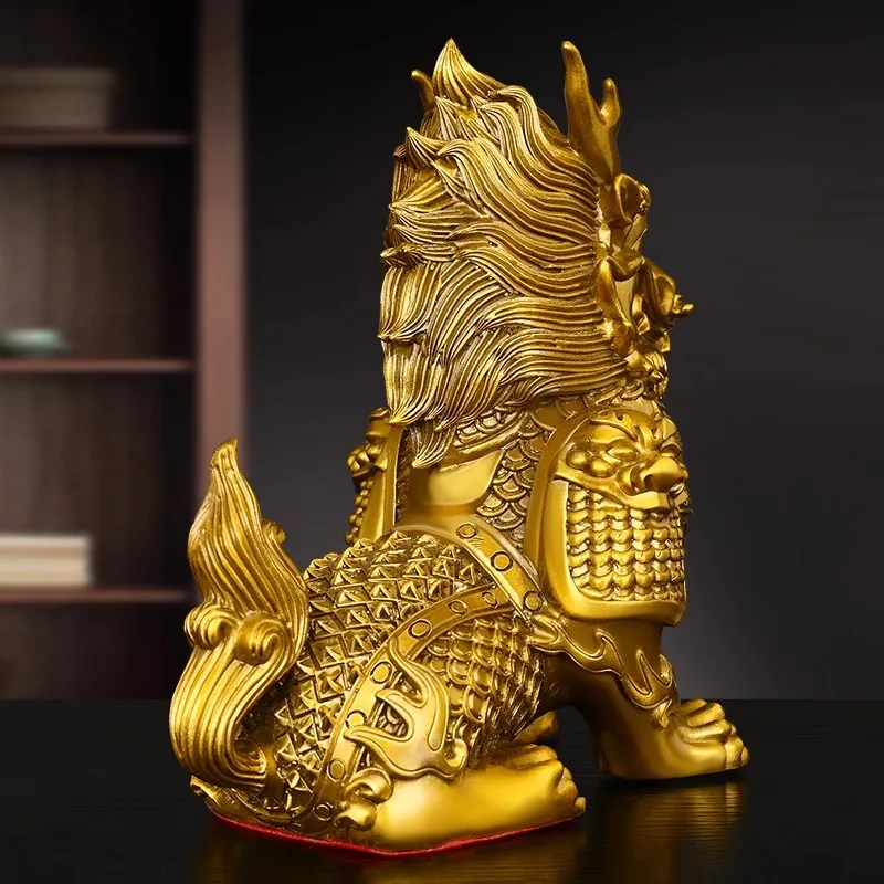 Pair of Brass Kirin Statues, Male & Female Armored Mythical Beast, Feng Shui Decor for Wealth Protection, Home Office Guardian S