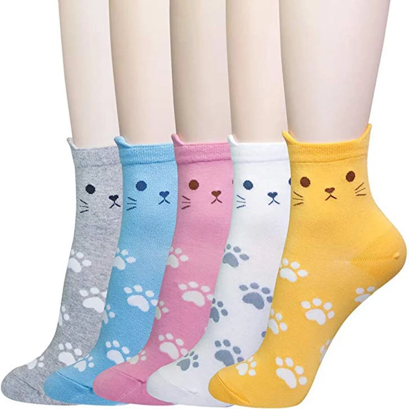 5 paia di calzini per gatti Cute Women Cartoon Animal Fashion Colorful Kawaii Print Candy Color Cotton Women Crew Socks Cat Ear Paw Socks