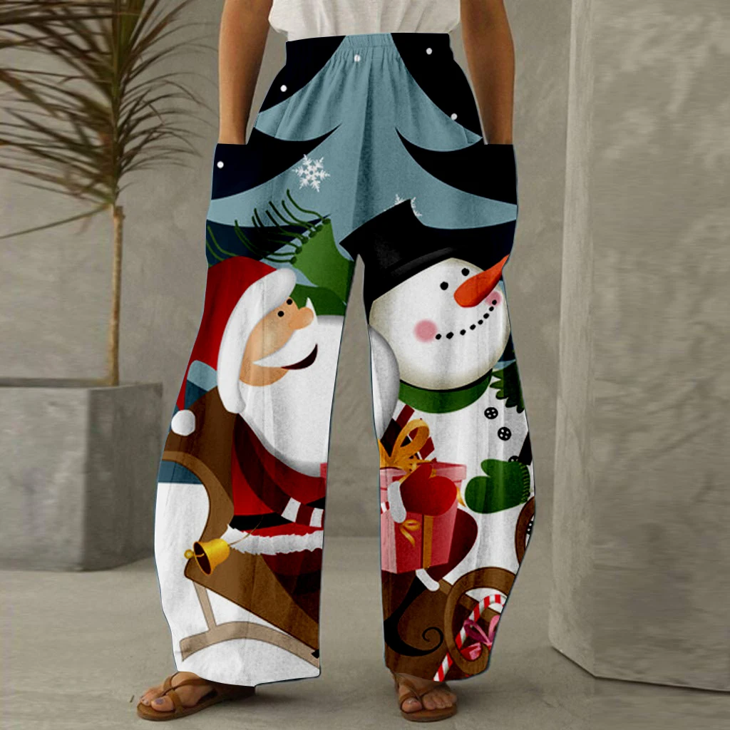 Cross border Santa Claus Pattern Digital Series New Wide Leg Pants Women's Pants Summer Loose Casual Fashion PantsWC5