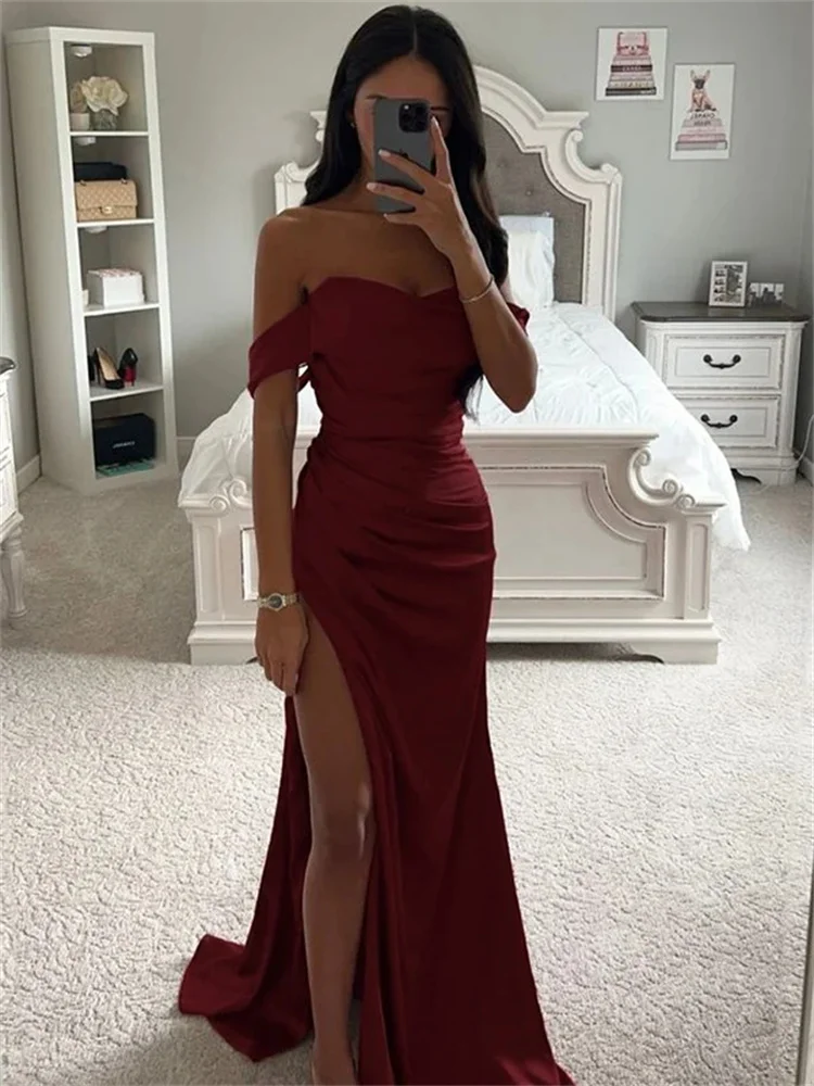 Elegant Sheath/Column Elastic Woven Satin Ruched Off-the-Shoulder Sleeveless Floor Length Backless Sweep/Brush Train Dresses