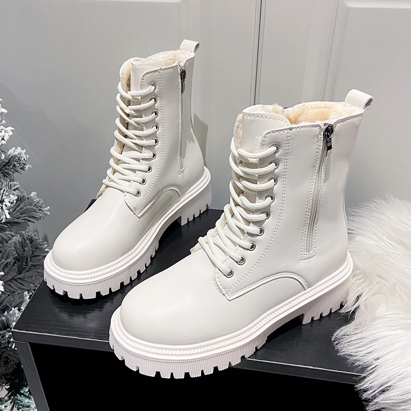 Women\'s Short Plush Warm Ankle Boots Winter 2023 Waterproof PU Leather Snow Boots Women Non-Slip Lace Up Platform Combat Booties