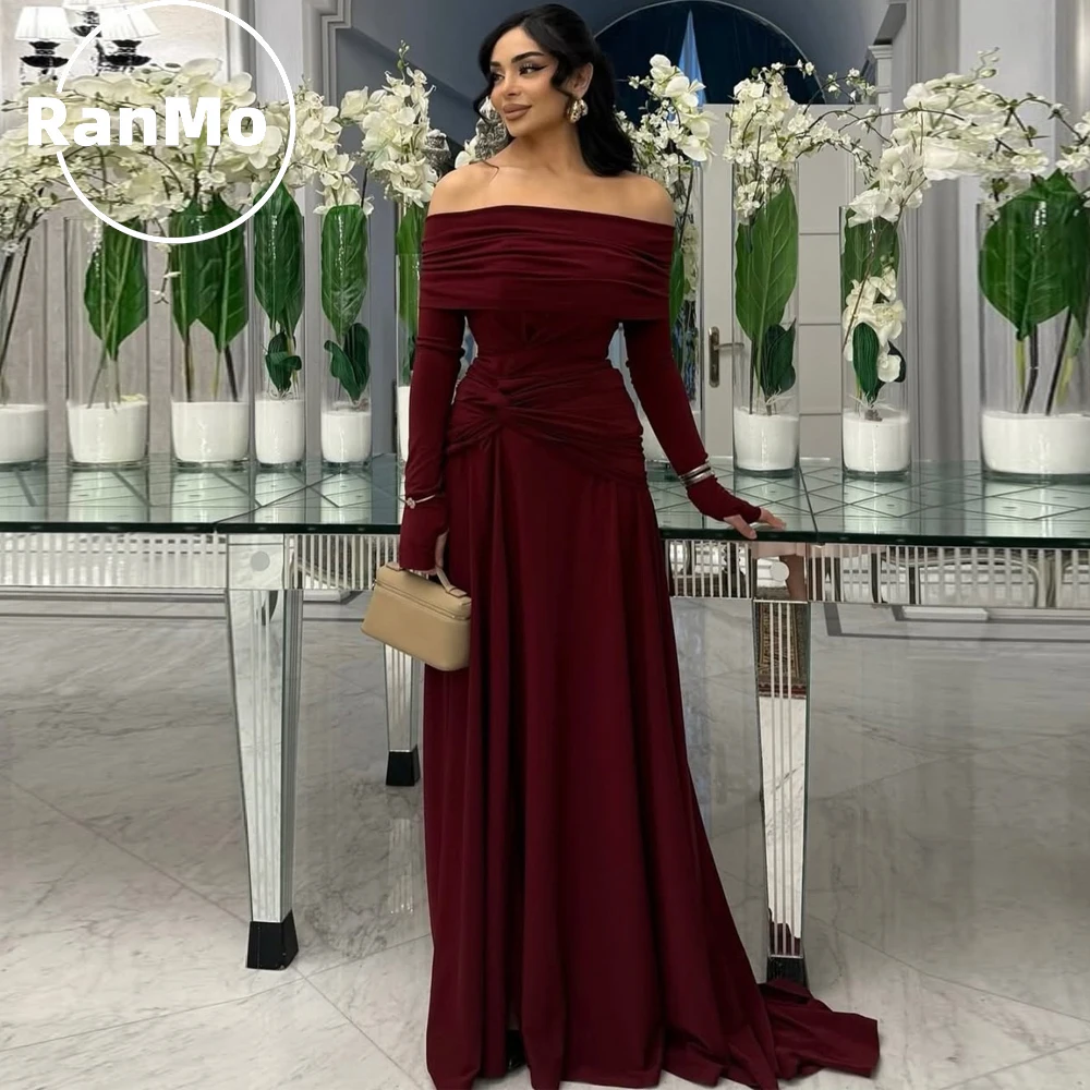 Ranmo فساتين للمناسبات الخاصة Customized Burgundy Off Shoulder Pleat Wedding Dress A-Line 2026 Long Sleeves