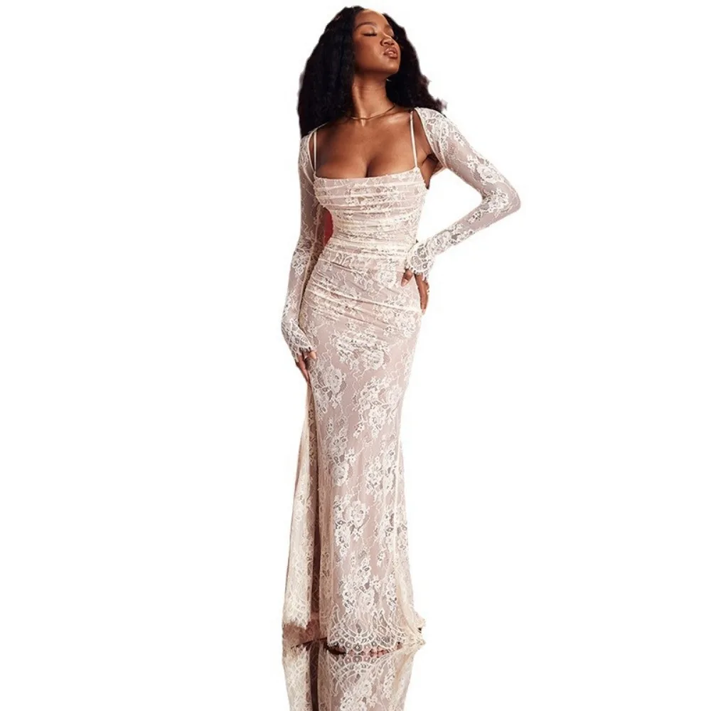 Summer Bandage Fashion Lace Elegant Evening Dresses Halter Long Dress Two-piece Temperament Long-sleeved Dress Fishtail Skirt