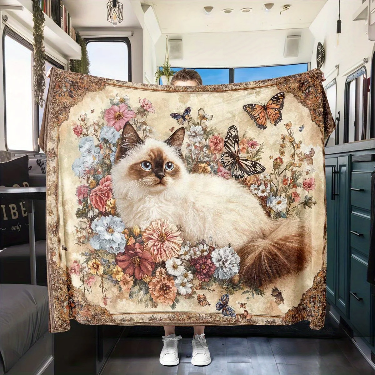 Charming Ragdoll Cat Floral Butterfly Blanket Soft Warm All Season Cozy Throw RV Car Bed Couch Decor