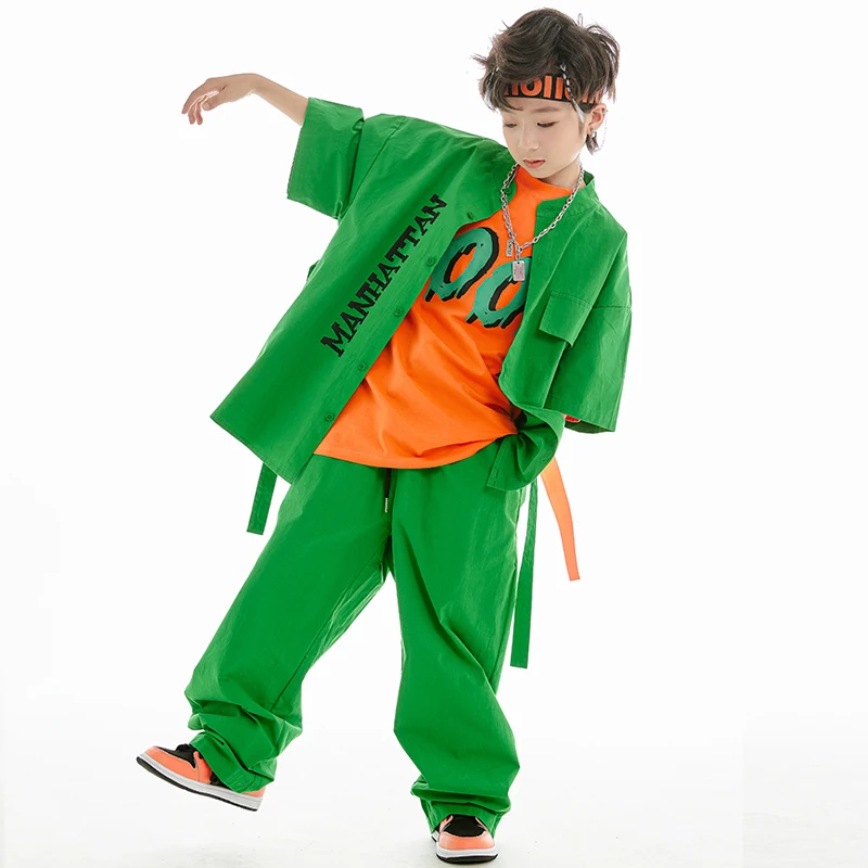 2023 Kids Hip Hop Clothing Short Sleeves Shirt Pants For Boys Hiphop Performance Costume Girls Jazz Dance Clothes Loose BL10450