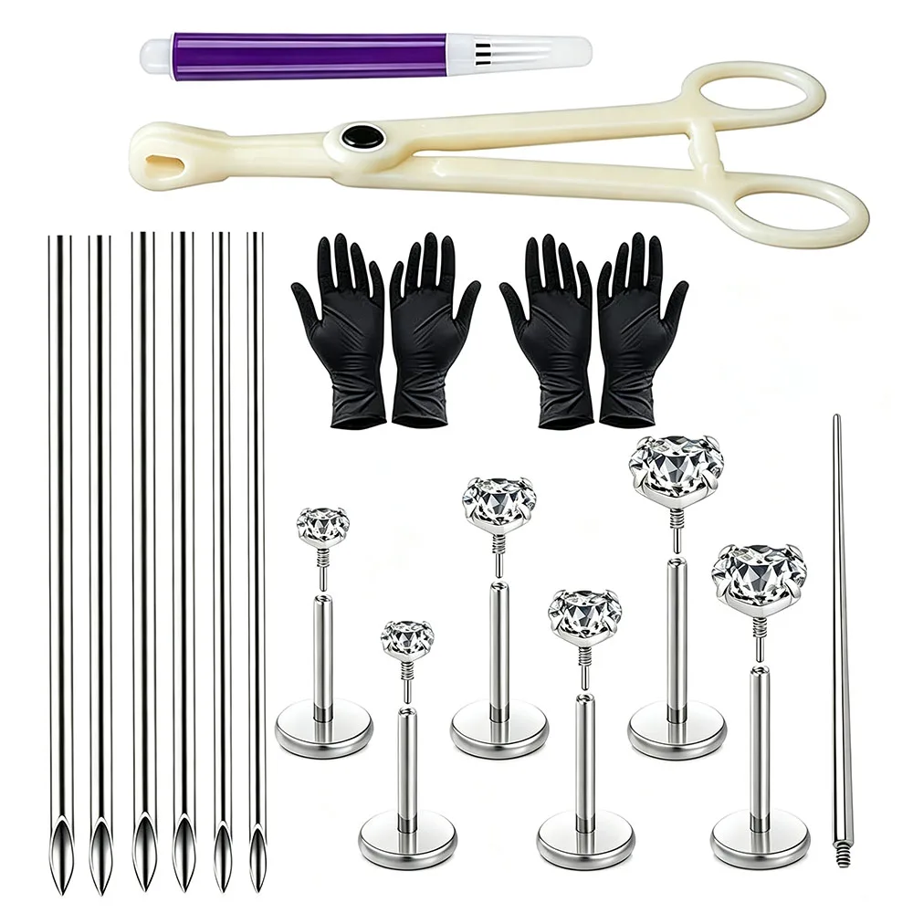 Lip/Nose/Ear Piercing Kit-Extended Thread Flat Back Zircon Studs Lip Ring With Needle Clamp Gloves Tragus Helix Piercing Kit
