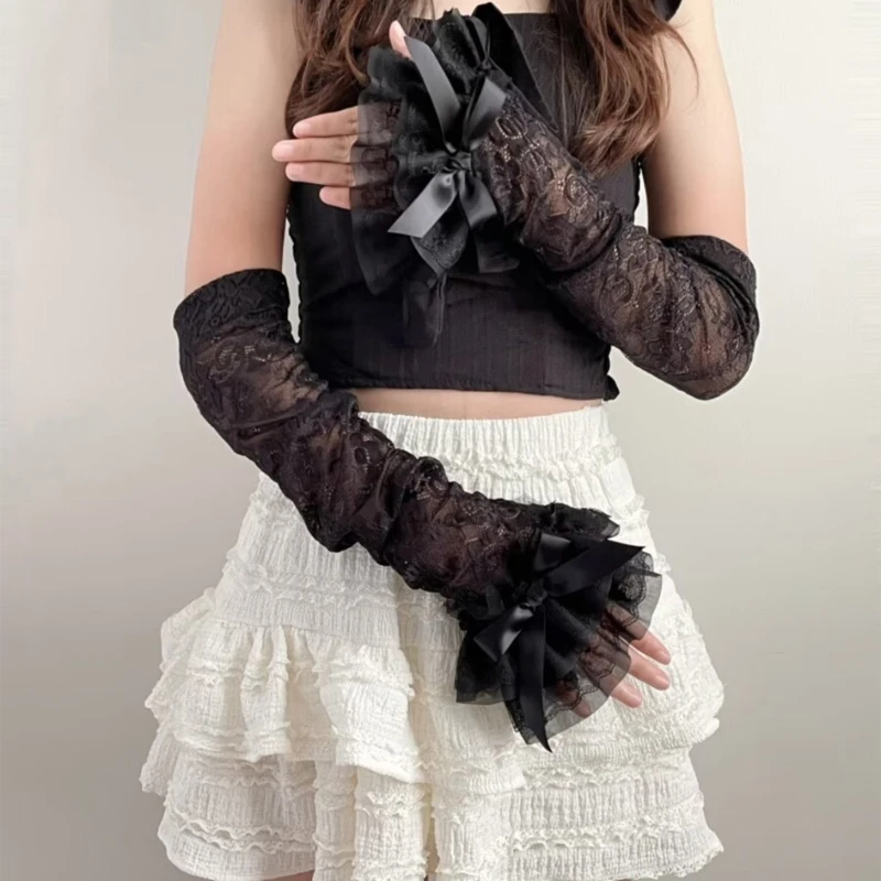 Punk Gloves Ruffled Lace for Halloween Party Fingerless Gloves for Bridal Dark Arm Sleeves Halloween Costume