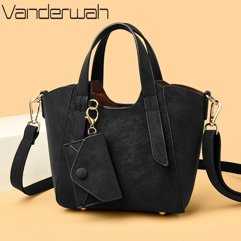 High Quality Luxury Vintage Soft Leather Women Tote Bag Solid Color Large Capacity Crossbody Bag with Purse Pendant  Handbag Sac