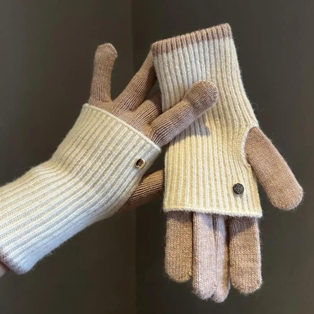 

Зимние перчатки с цветными блоками, комплект складных вязаных перчаток, перчатки с цветными блоками и сенсорным экраном для женщин и мужчин, теплые эластичные двойные длинные перчатки