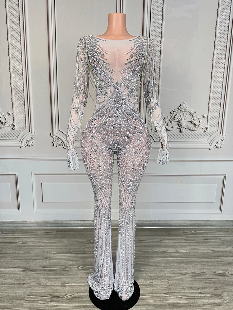 

2025 сексуальный сетчатый комбинезон с серебряными стразами, костюмы танцевальной команды, ночной клуб, бар, диджей, женский Gogo, танцоры, сценическая одежда, DN21647