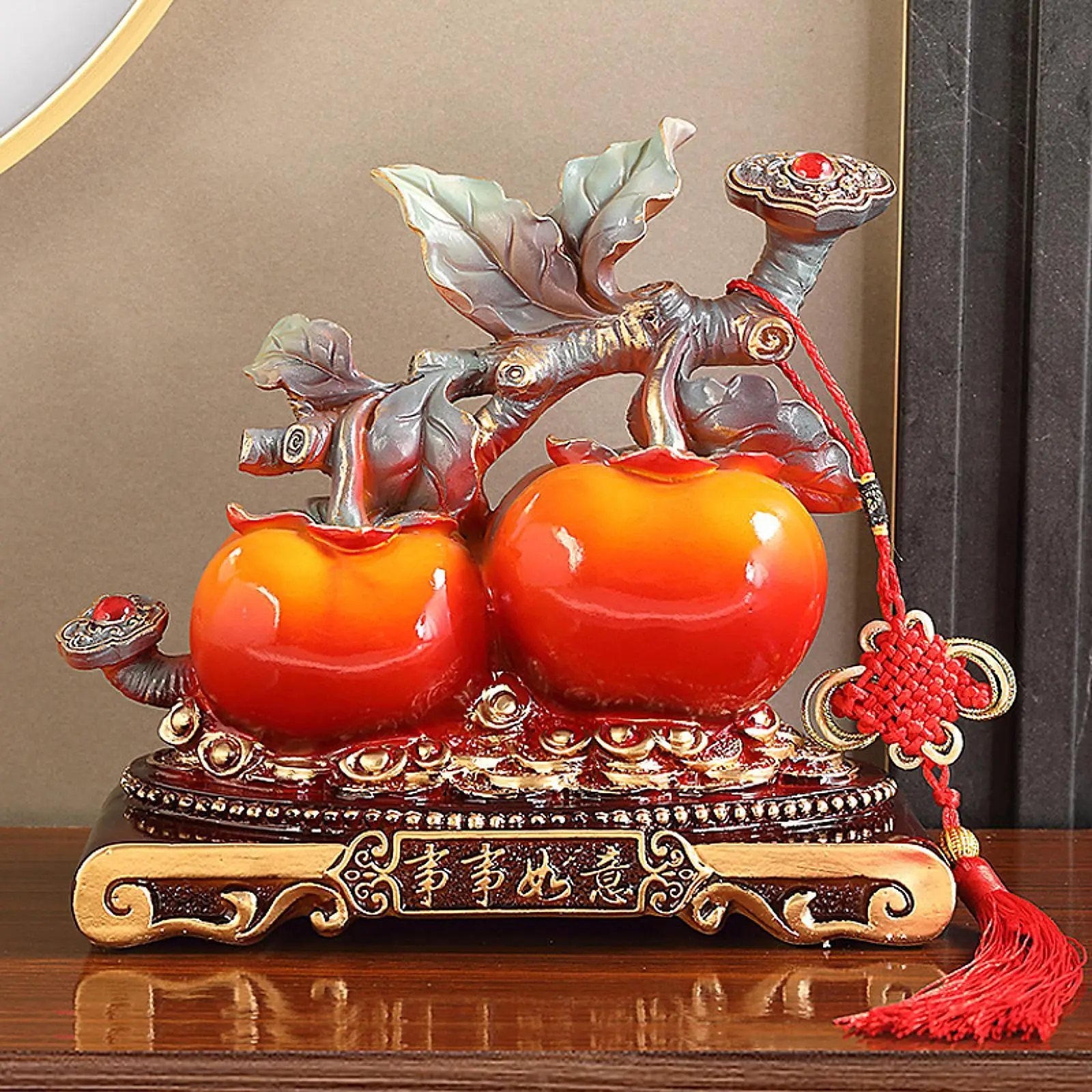 

Persimmon Resin Statue Figurine Blessing Sculpture Handmade Artwork Chinese Lucky Decoration for Shop Restaurant Living Room