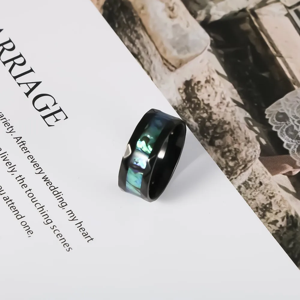1Pcs European and American Style Rhombus-Shaped Black Plated Ring with Abalone Shell Inlay, Stainless Steel Ring, Men's Titanium Steel Jewelry