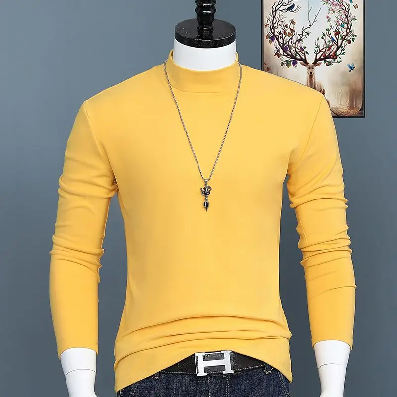 Camiseta Coreana de lujo para hombre, camisa de manga larga Base sólida, cuello alto, ajustada, Tops de talla grande, Otoño e Invierno