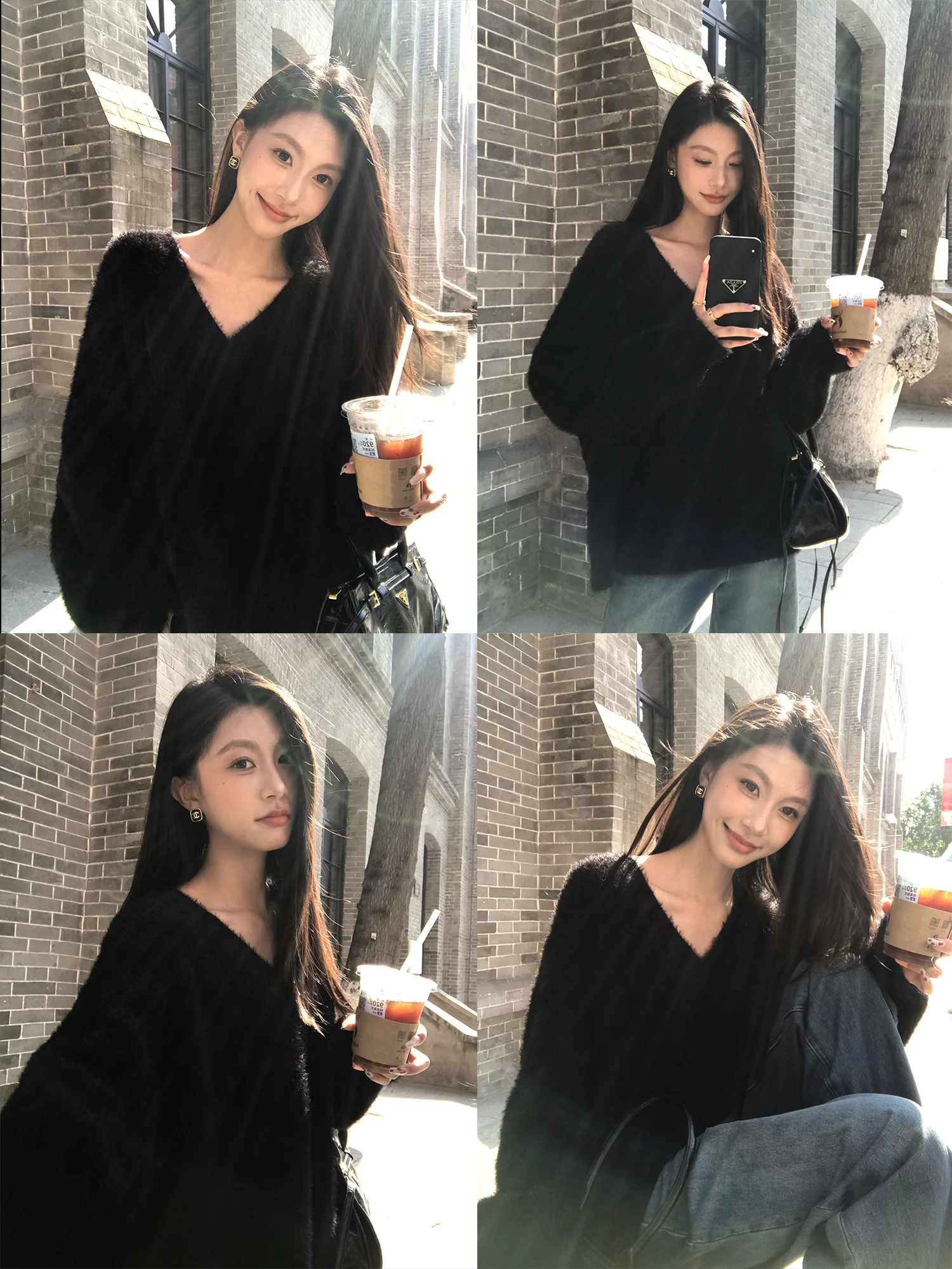 

Pusumede Soft White Fur V-Ne Knitted Sweater Women's Loose Fit Comfortable Autumn Winter Top Faion Ladies' Knitwear