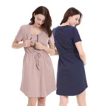 授乳用マタニティジッパー付きマタニティドレス,授乳用ドレス,半袖,無地,レジャー,妊婦,夏