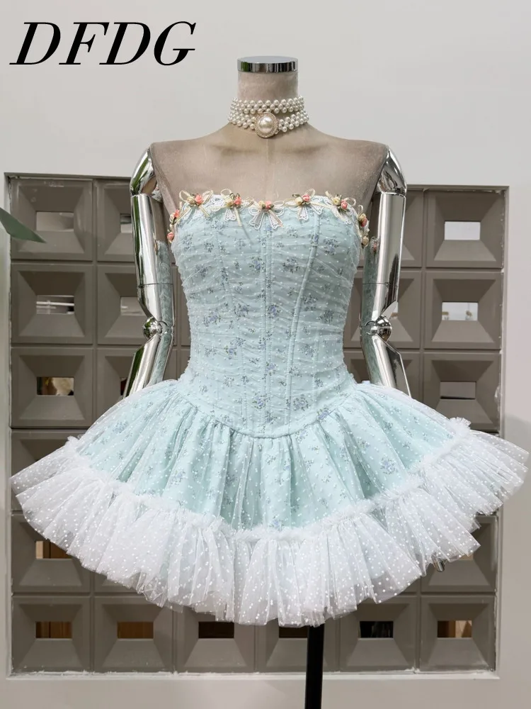 DFDG Damen-Kleid, elegantes Blumenkorsett, trägerloses Kleid, Tüllrock, Feenstil, ärmellos, A-Linie, Taille, Krawatte, 2025, Frühlings- und Sommerkleid