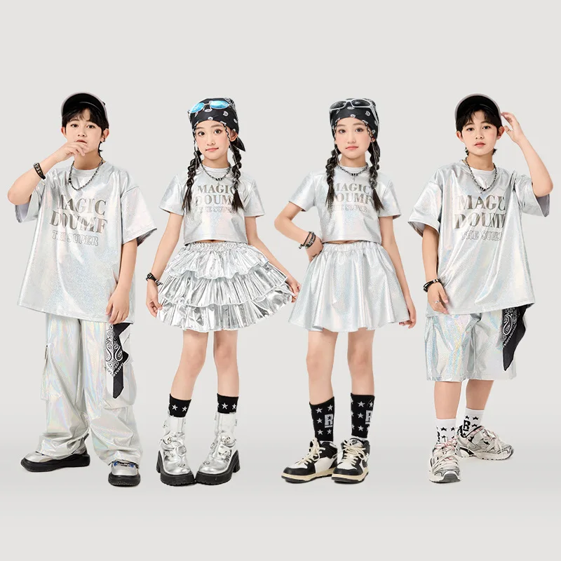 

Hip Hop Boys Shiny T-shirt Street Dance Pants Silver Shorts Girls K-pop Skirts Costume Kids Jazz Clothes Set Children Streetwear