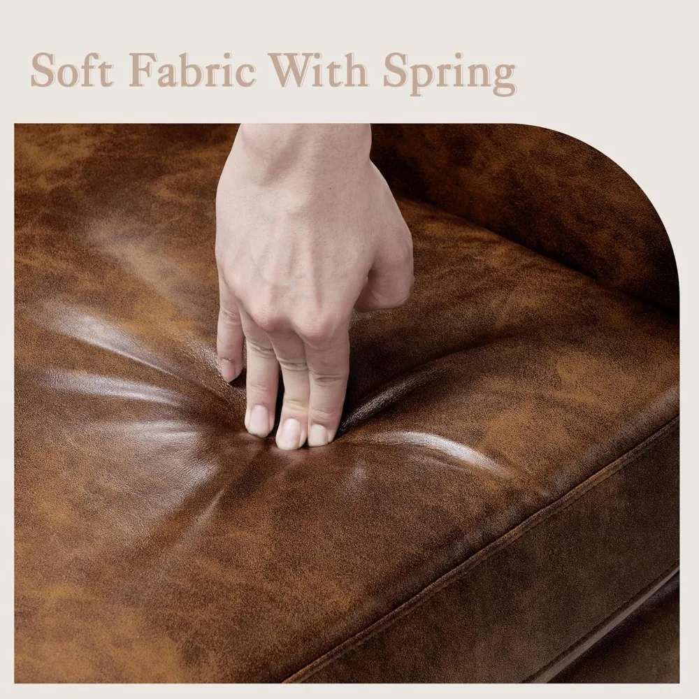 زوج من الكراسي المصنوعة من الجلد الصناعي باللون الأصفر والبني، ارتفاع 18.5، كراسي معنقدة بأزرار، جلوس مريح في غرفة المعيشة بأذرع