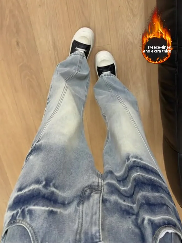 

Men's Fce Lined Flared Jeans mid Waist Vintage Waed Lightning Cra Sle American Casual Straight Leg Trousers