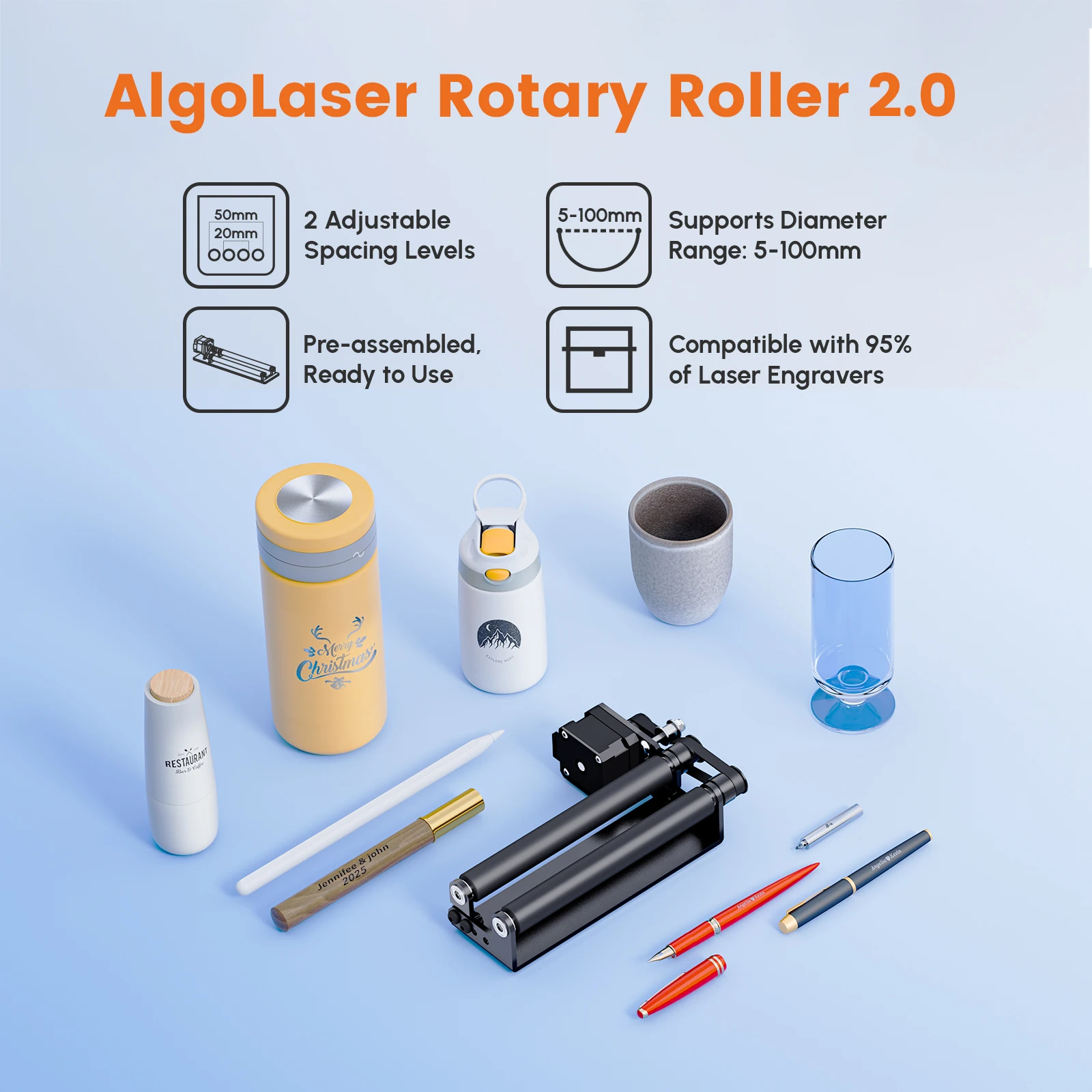 

AlgoLaser ARR2.0 Лазерный гравер Поворотный ролик 360° ° Поворотный 2, регулируемый диаметр уровня 5-100 мм для объекта изогнутой поверхности с чашечным кольцом