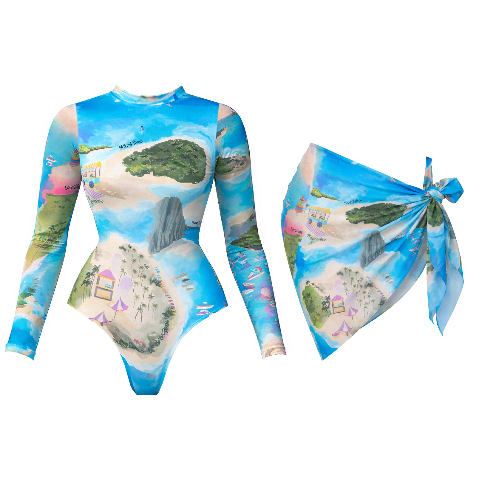 2Pcs Long Sleeve Swimsuit With Sarong Women Sexy Bikini Push Up  Swimwear Printed Swim Suit Biquini Surf Bathingsuit Beachwear