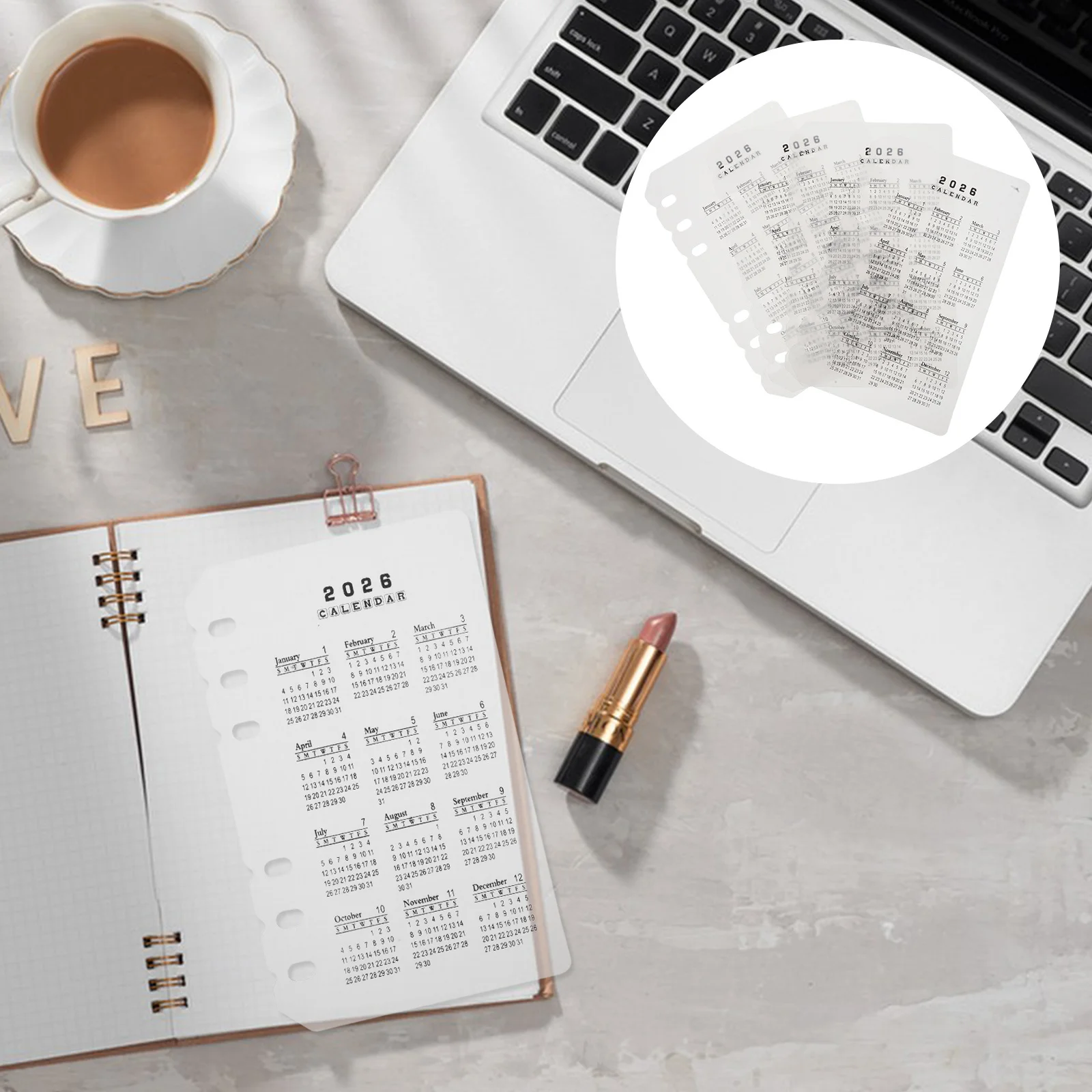 

4Pcs 2026 Calendar Divider Frosted Plastic A6 6-Hole Refillable Inserts for Planner Notebook Date Organization Office