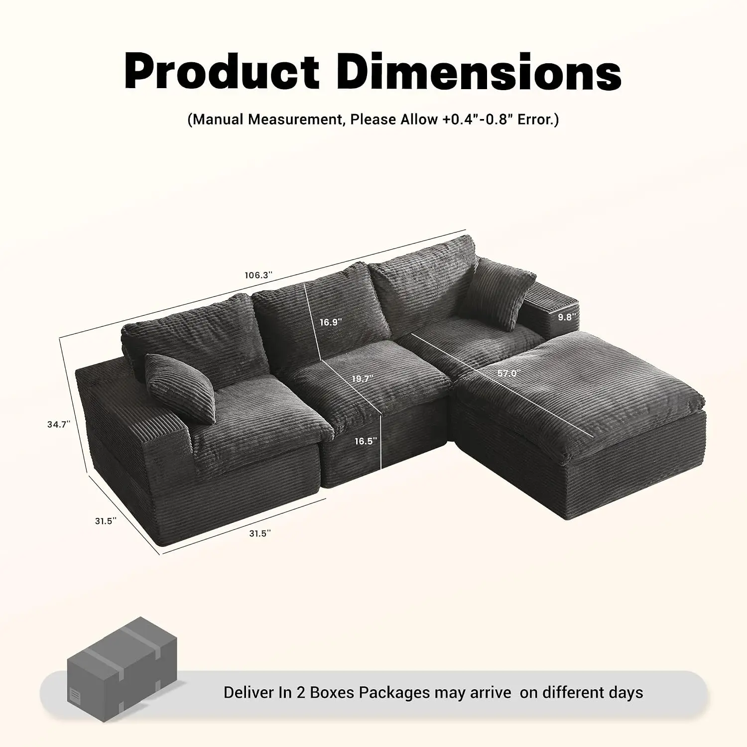 106.3” Sectional Couches for Living Room, Cloud Couch, Modular Sectional Sofa, Convertible Sofas Bed, Deep Seat, Customized