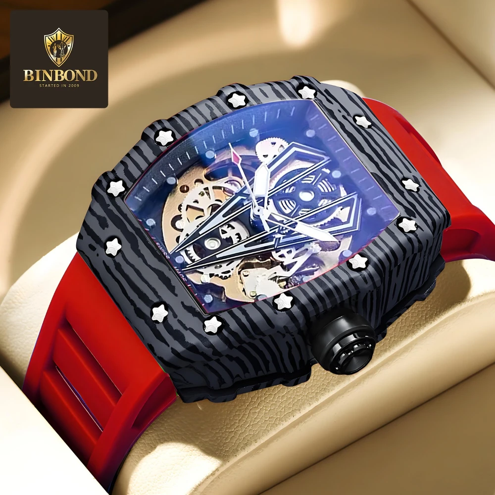 

BINBOND 7751 Wine Barrel Type Men Fully Automatic Hollow Mechanical Watch 3D Stereoscopic Carving Dial Sports Watches for Man